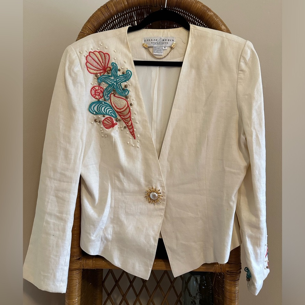 RARE Vintage Lillie Rubin Linen Coastal Grandma Blazer Beach